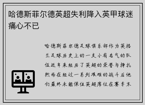 哈德斯菲尔德英超失利降入英甲球迷痛心不已